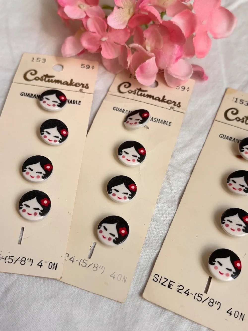 Lot of 3 Vintage Costumakers Girls Face Plastic Buttons on Original Card